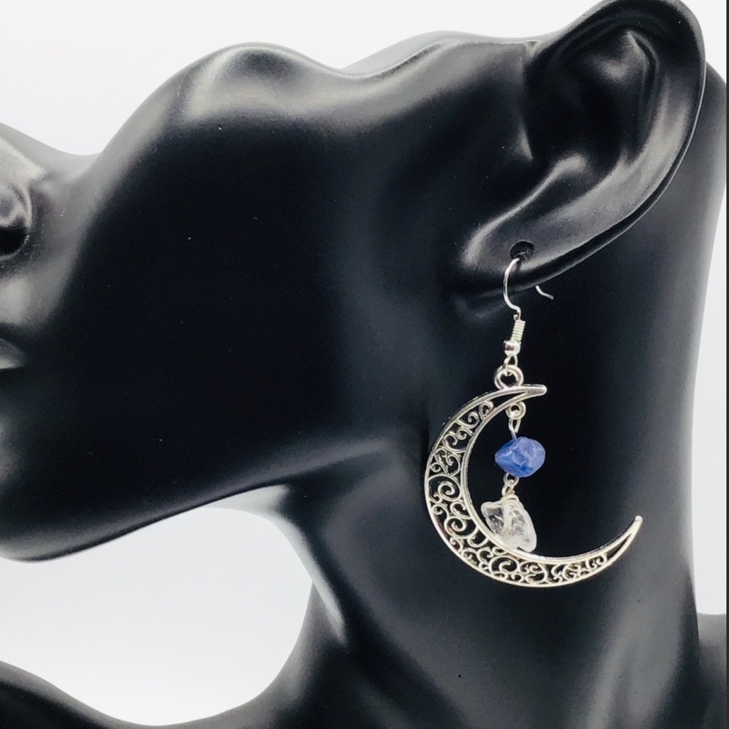 New Earrings Boho Crescent Moon Sodalite Quartz Chips Silver Tone Gemsto